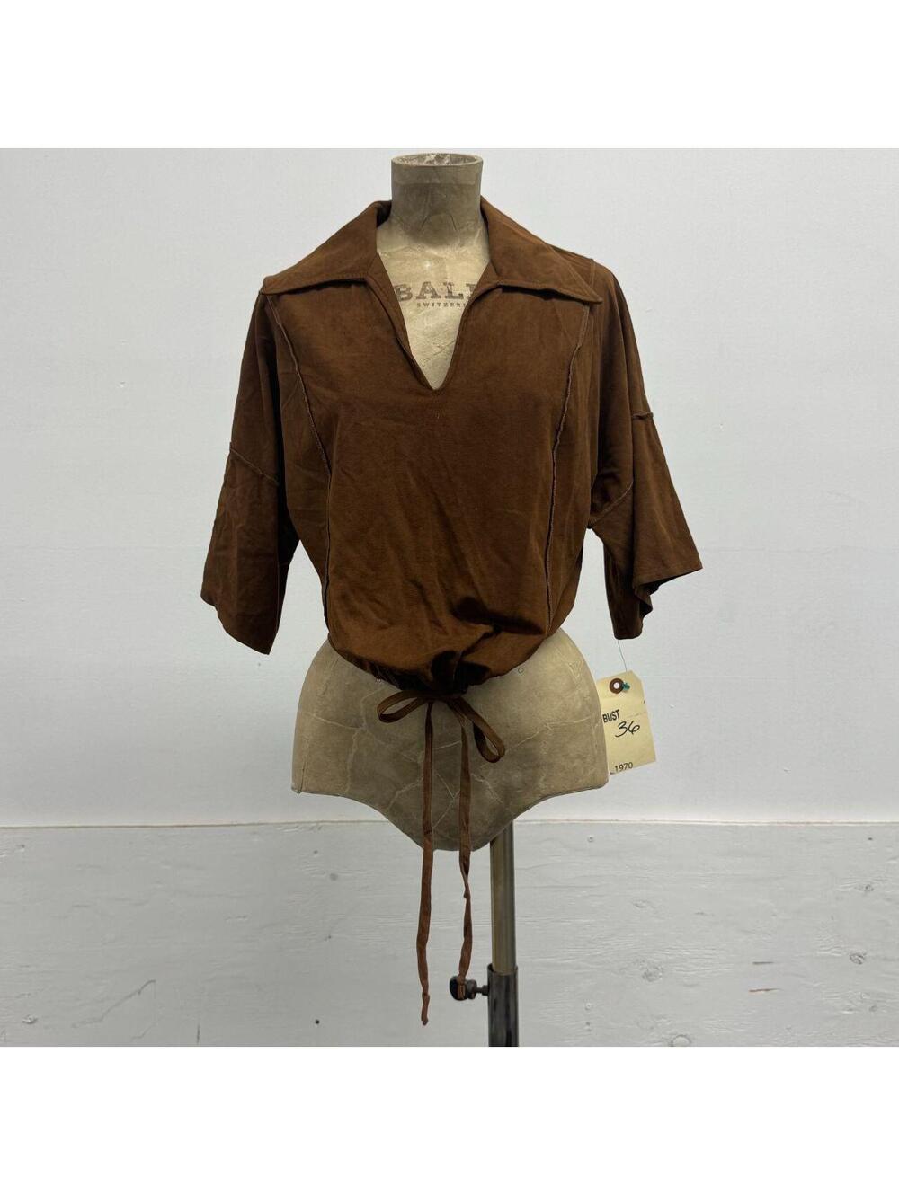 Vintage 1970s Byer Brown Faux Suede Dagger Collar Drawstring Crop Top